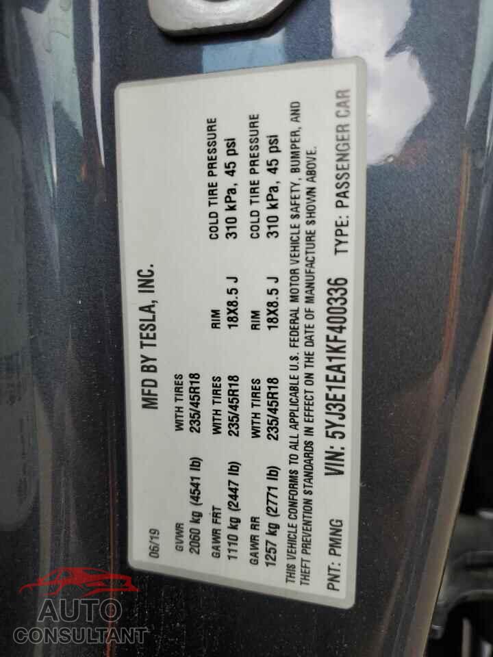 TESLA MODEL 3 2019 - 5YJ3E1EA1KF400336