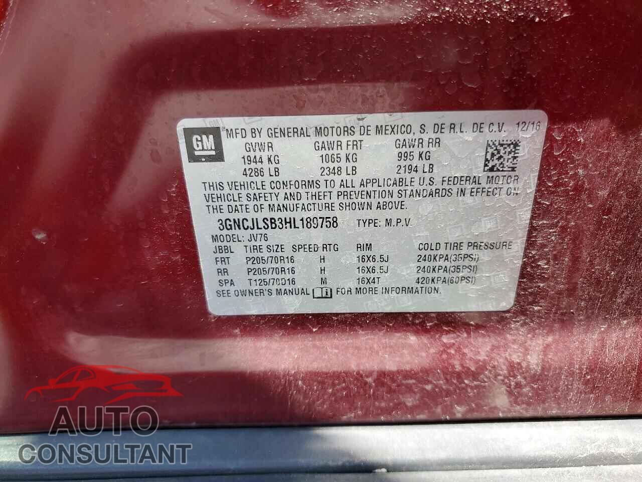 CHEVROLET TRAX 2017 - 3GNCJLSB3HL189758