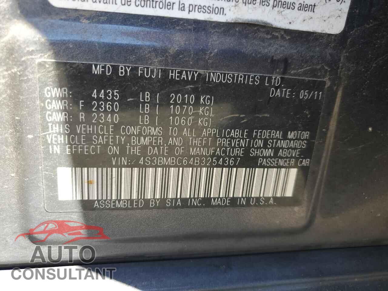 SUBARU LEGACY 2011 - 4S3BMBC64B3254367
