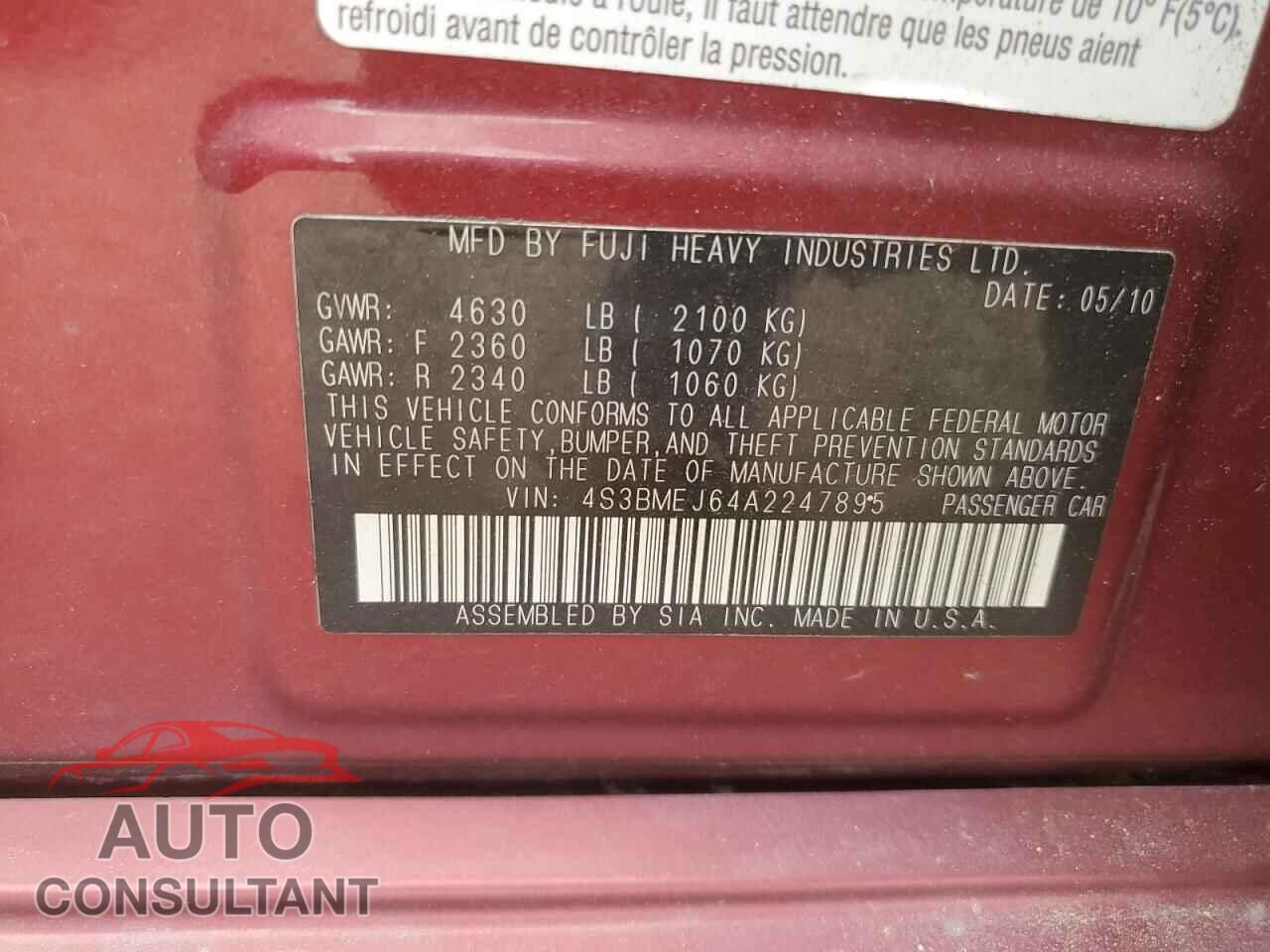 SUBARU LEGACY 2010 - 4S3BMEJ64A2247895