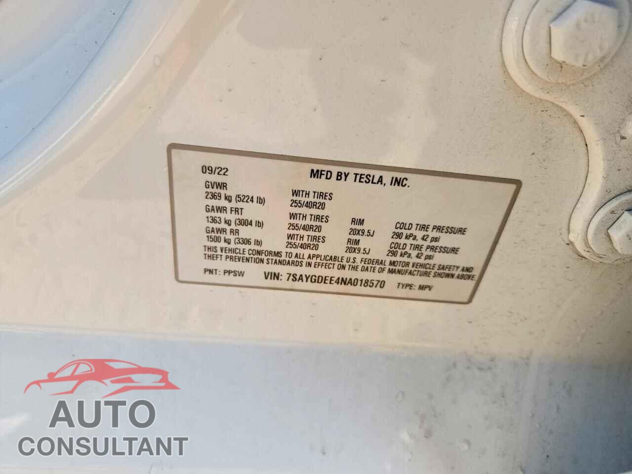 TESLA MODEL Y 2022 - 7SAYGDEE4NA018570