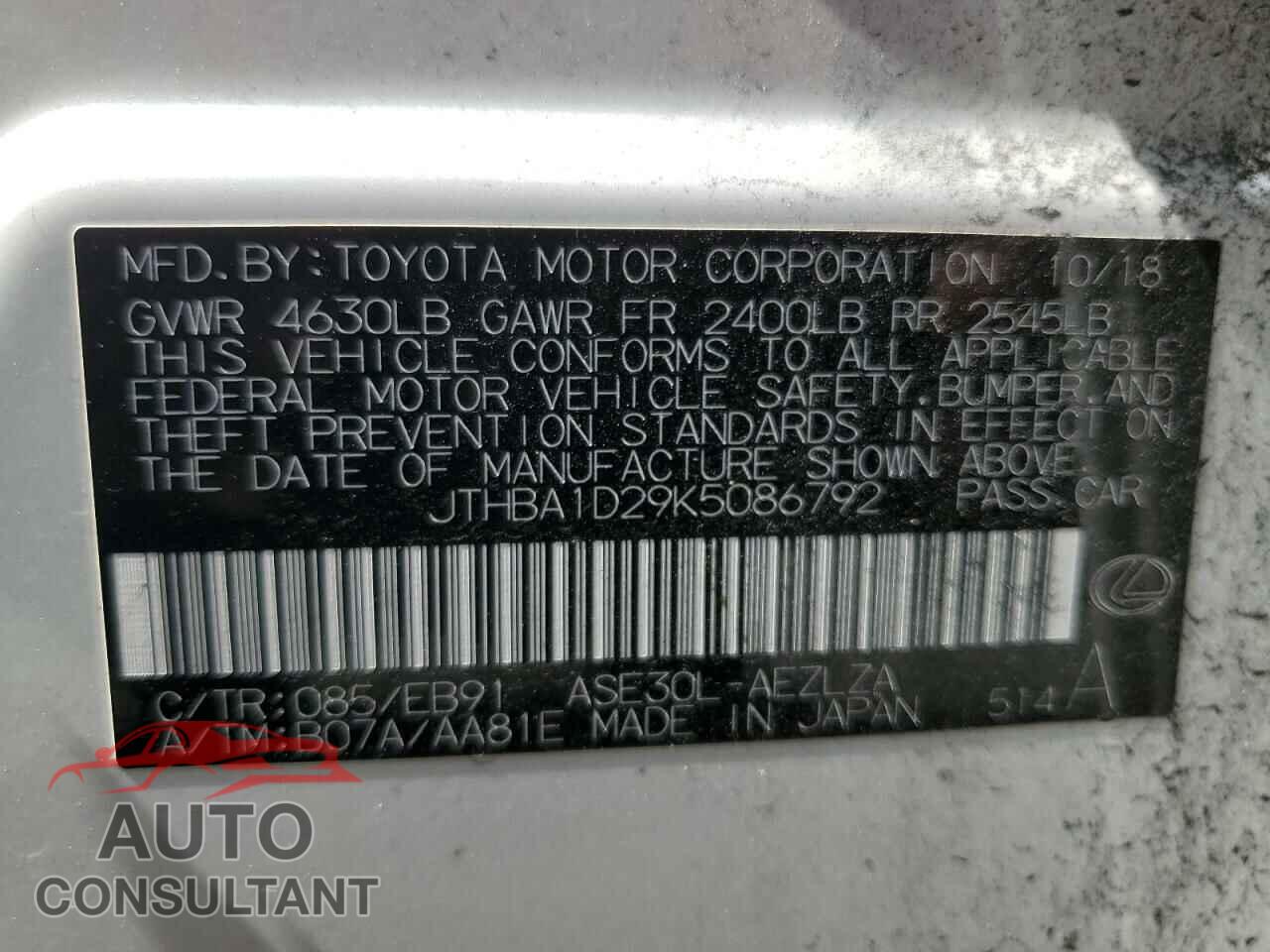 LEXUS IS 2019 - JTHBA1D29K5086792