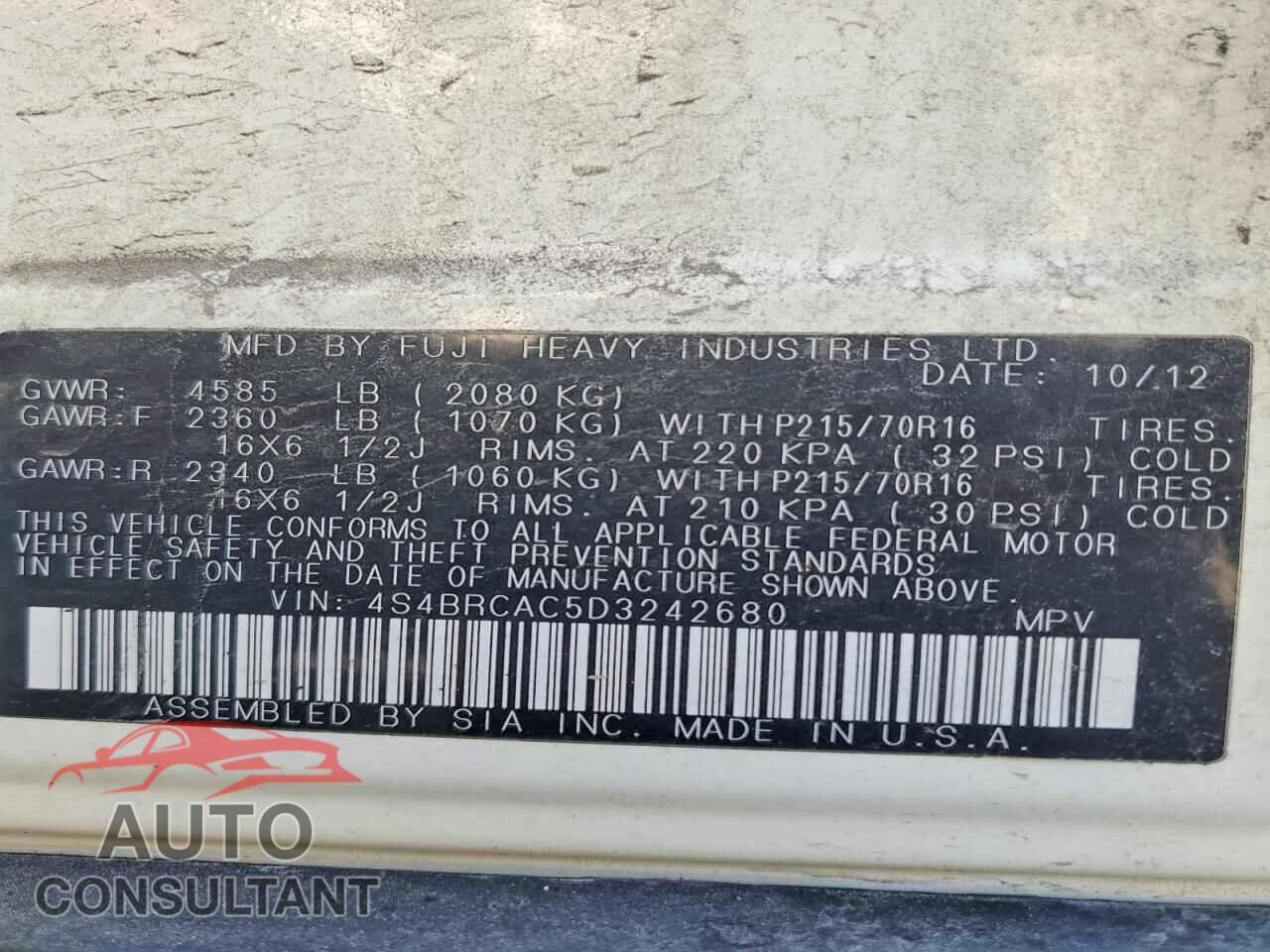 SUBARU OUTBACK 2013 - 4S4BRCAC5D3242680