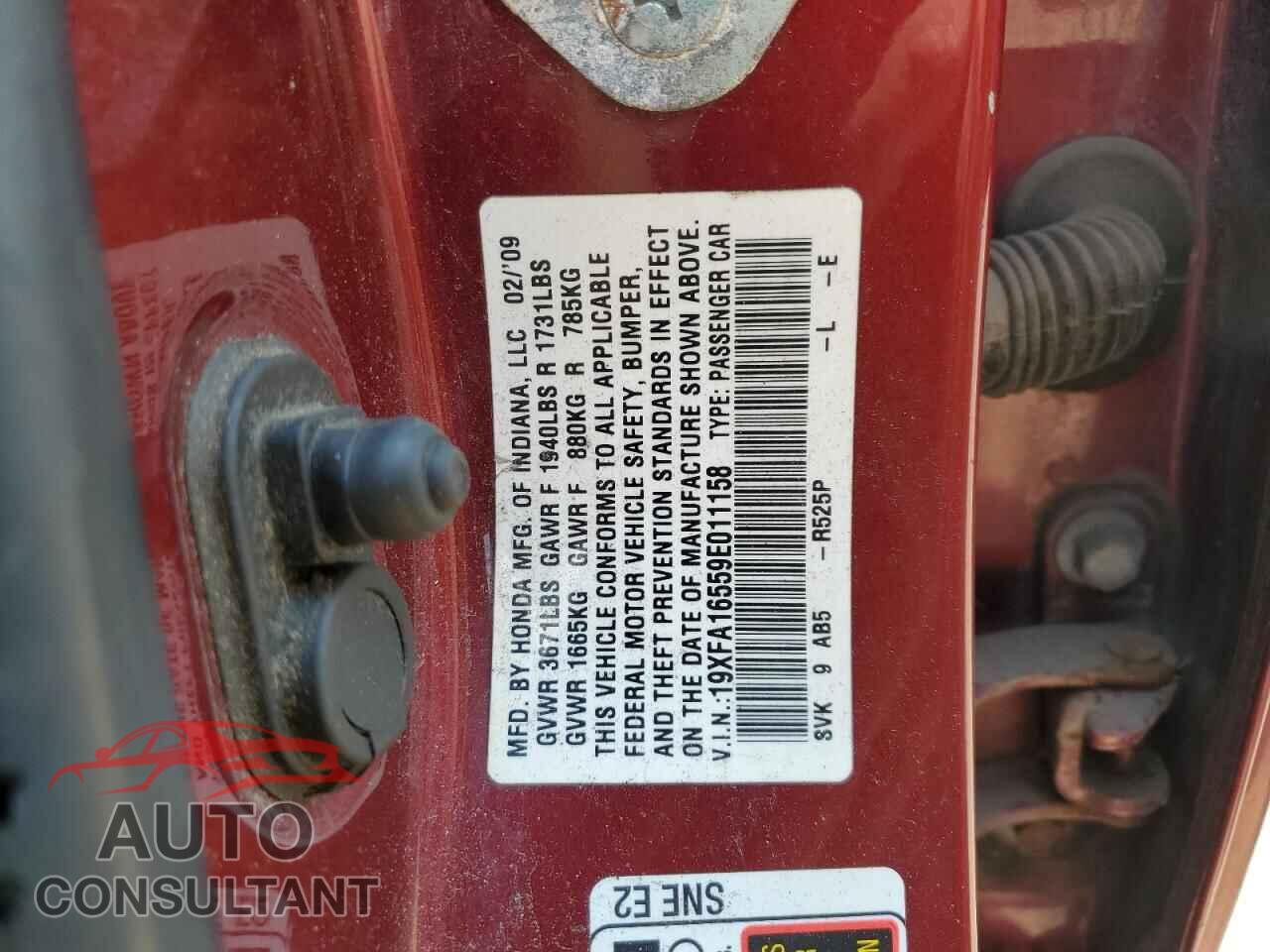 HONDA CIVIC 2009 - 19XFA16559E011158