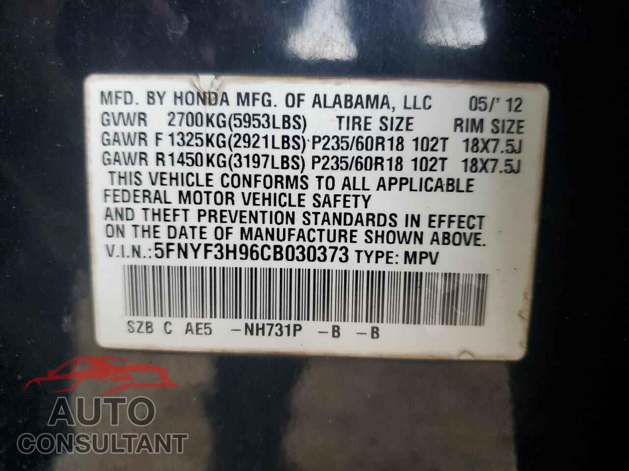 HONDA PILOT 2012 - 5FNYF3H96CB030373