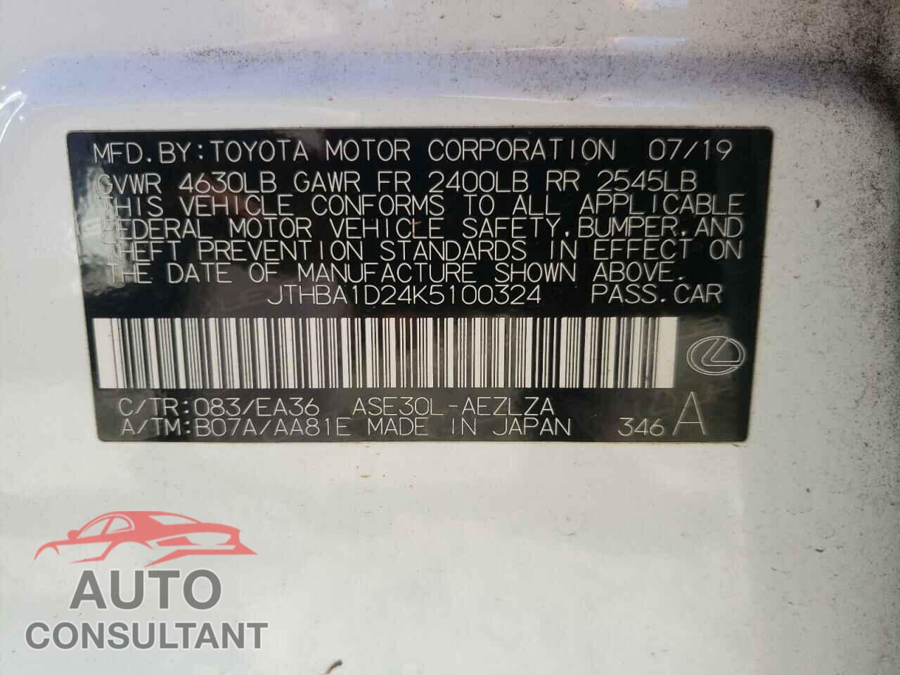 LEXUS IS 2019 - JTHBA1D24K5100324