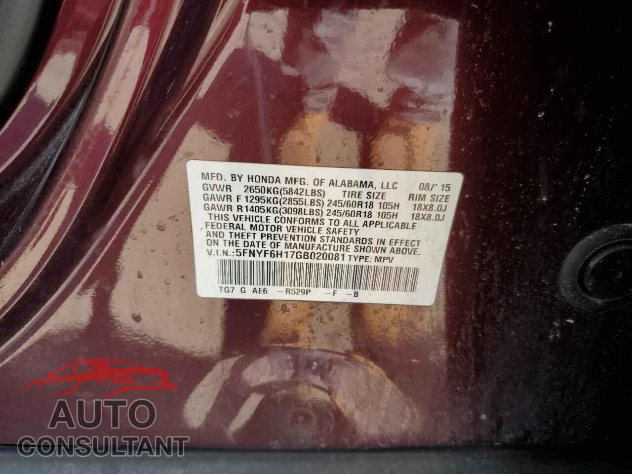 HONDA PILOT 2016 - 5FNYF6H17GB020081