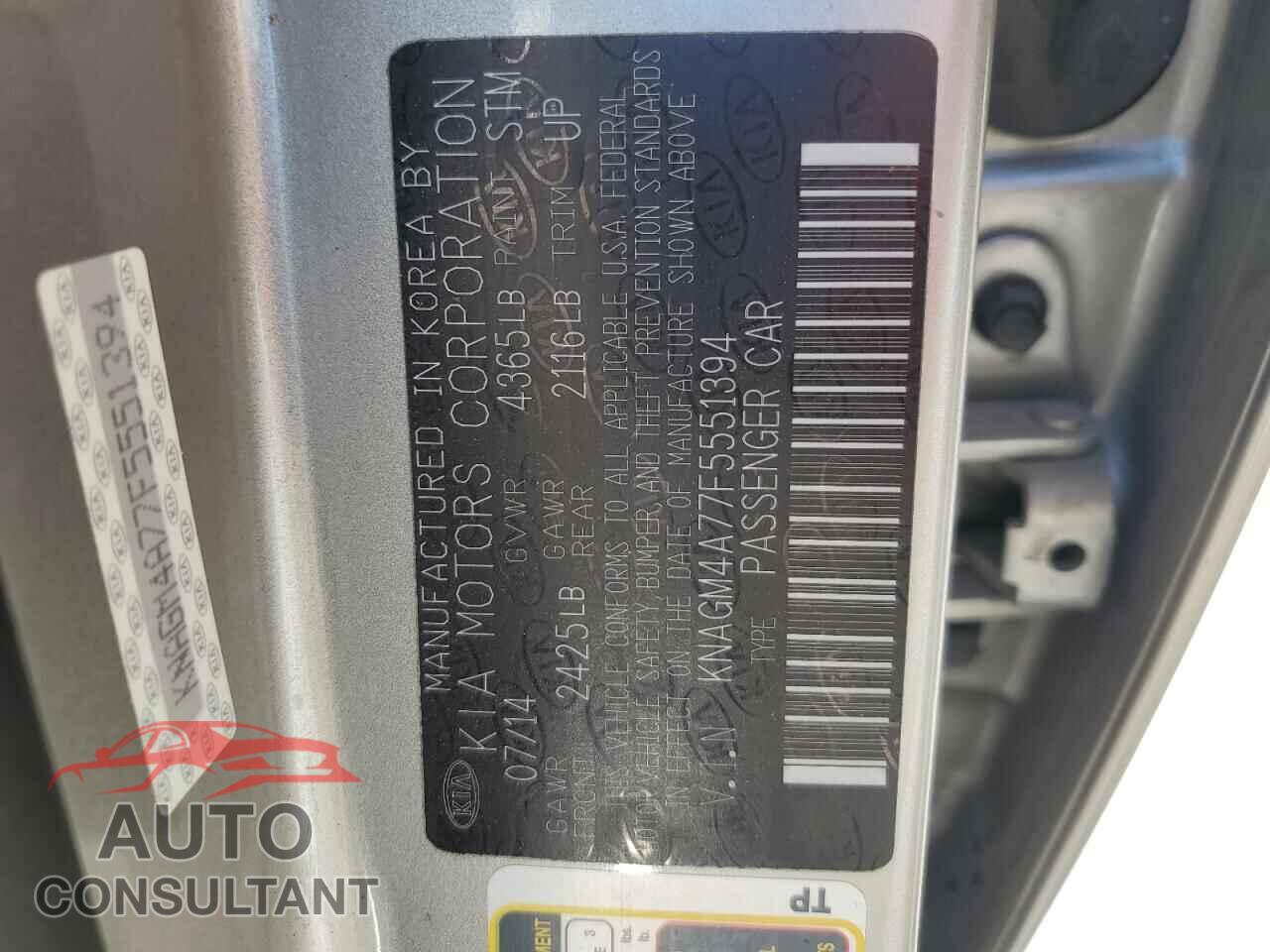 KIA OPTIMA 2015 - KNAGM4A77F5551394