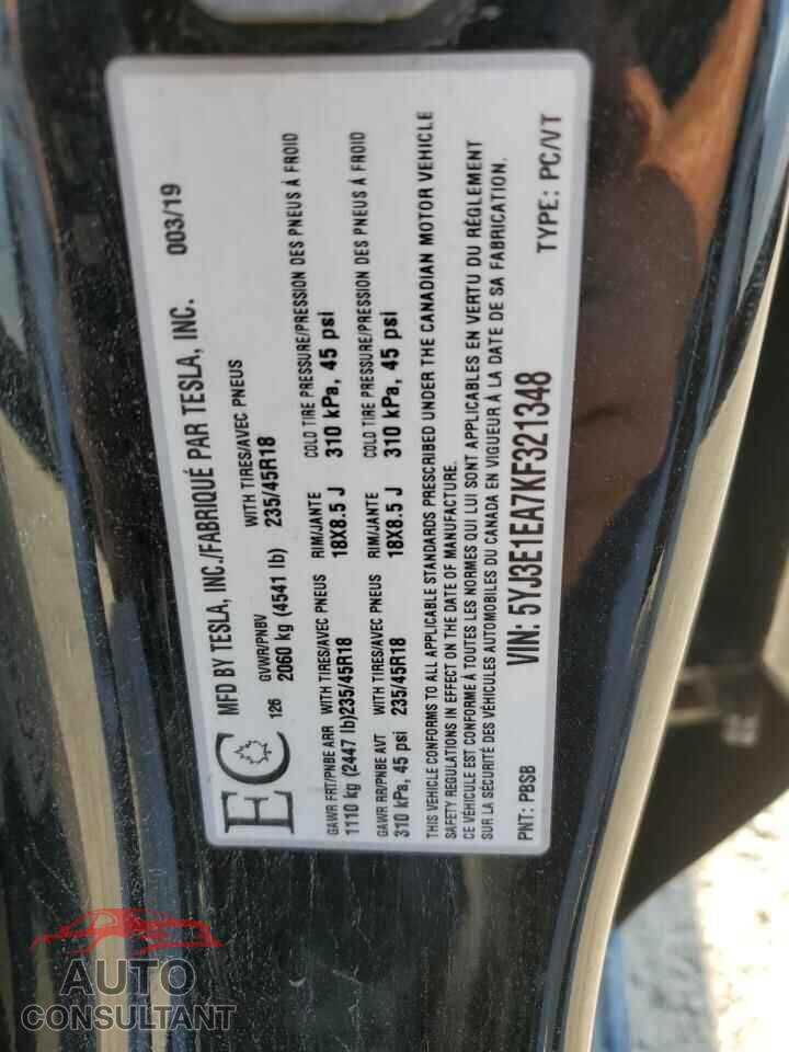 TESLA MODEL 3 2019 - 5YJ3E1EA7KF321348