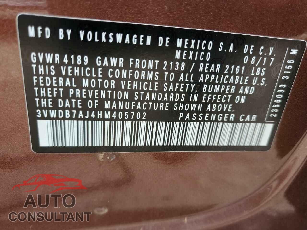 VOLKSWAGEN JETTA 2017 - 3VWDB7AJ4HM405702