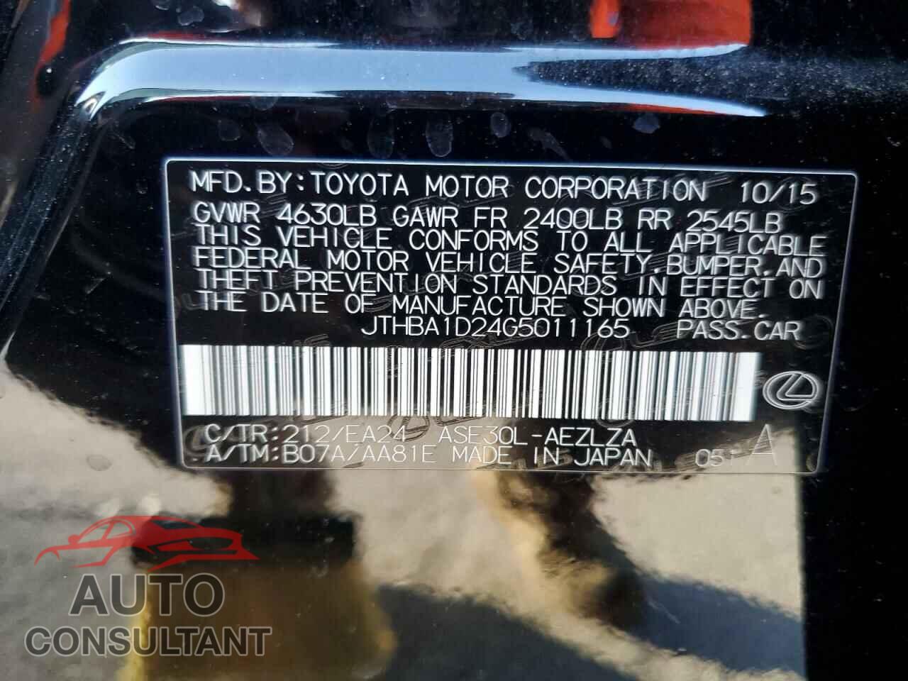 LEXUS IS 2016 - JTHBA1D24G5011165