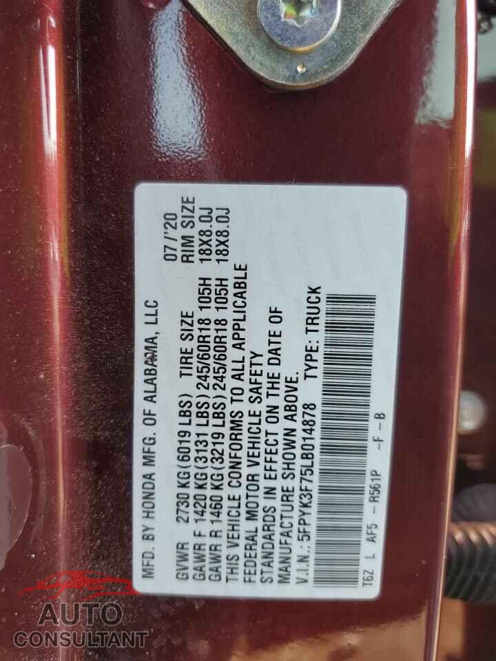 HONDA RIDGELINE 2020 - 5FPYK3F75LB014878