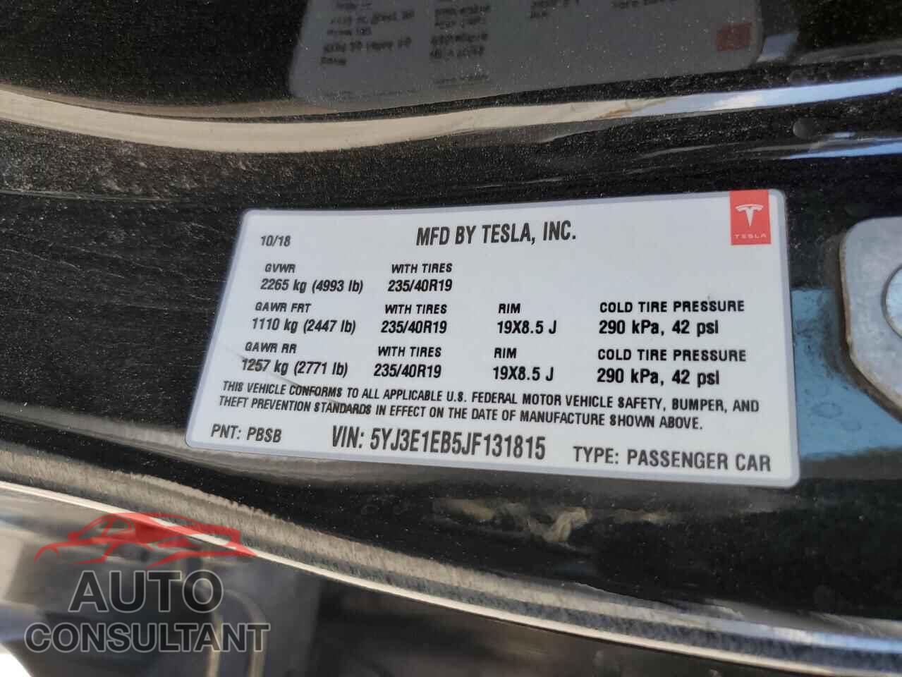 TESLA MODEL 3 2018 - 5YJ3E1EB5JF131815