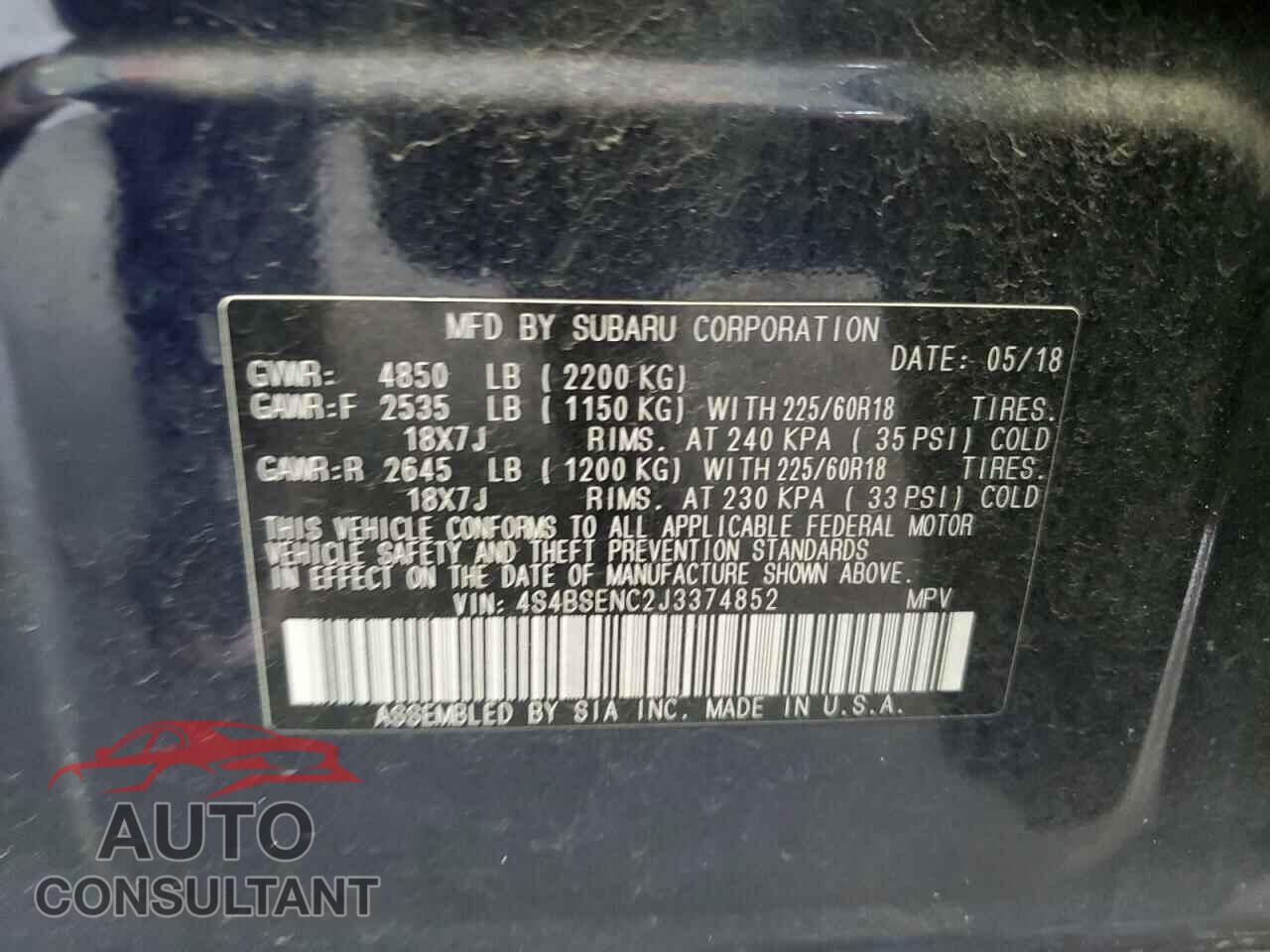 SUBARU OUTBACK 2018 - 4S4BSENC2J3374852