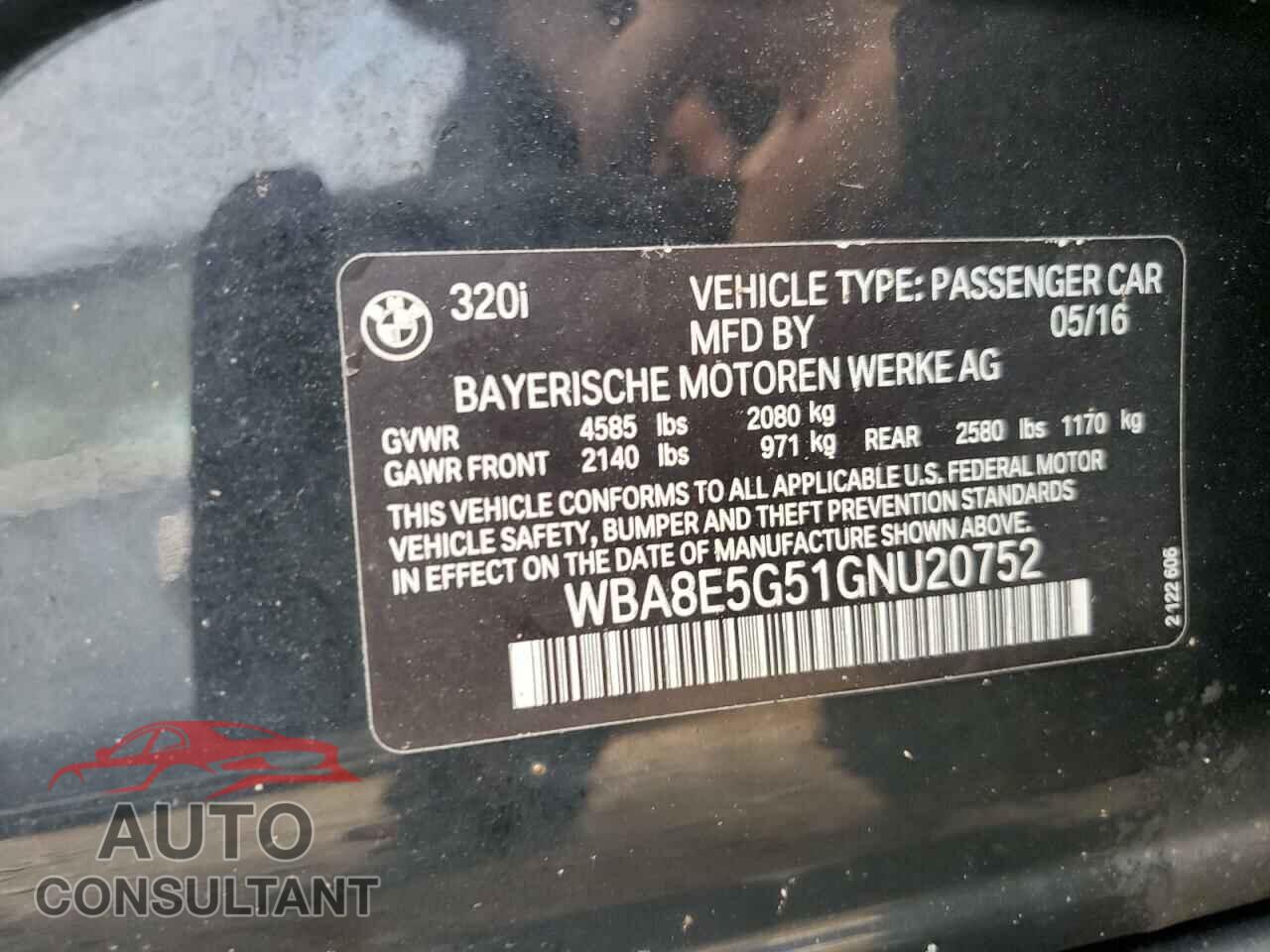 BMW 3 SERIES 2016 - WBA8E5G51GNU20752
