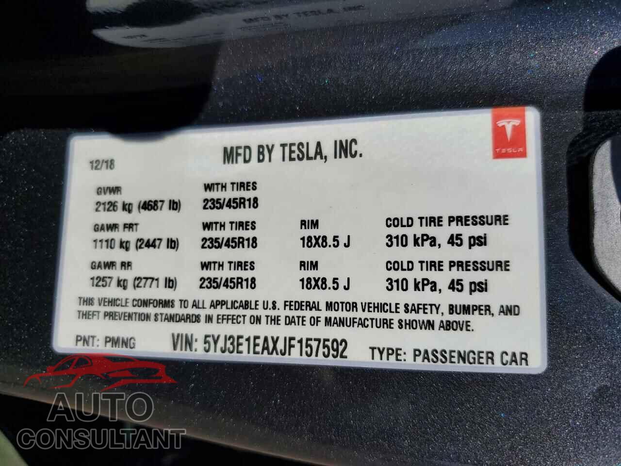 TESLA MODEL 3 2018 - 5YJ3E1EAXJF157592