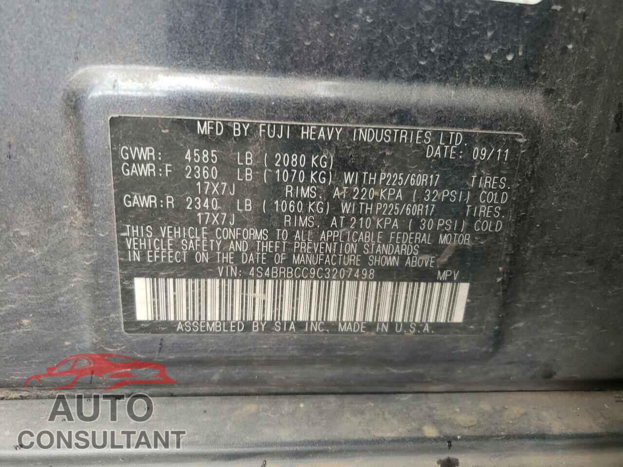 SUBARU OUTBACK 2012 - 4S4BRBCC9C3207498