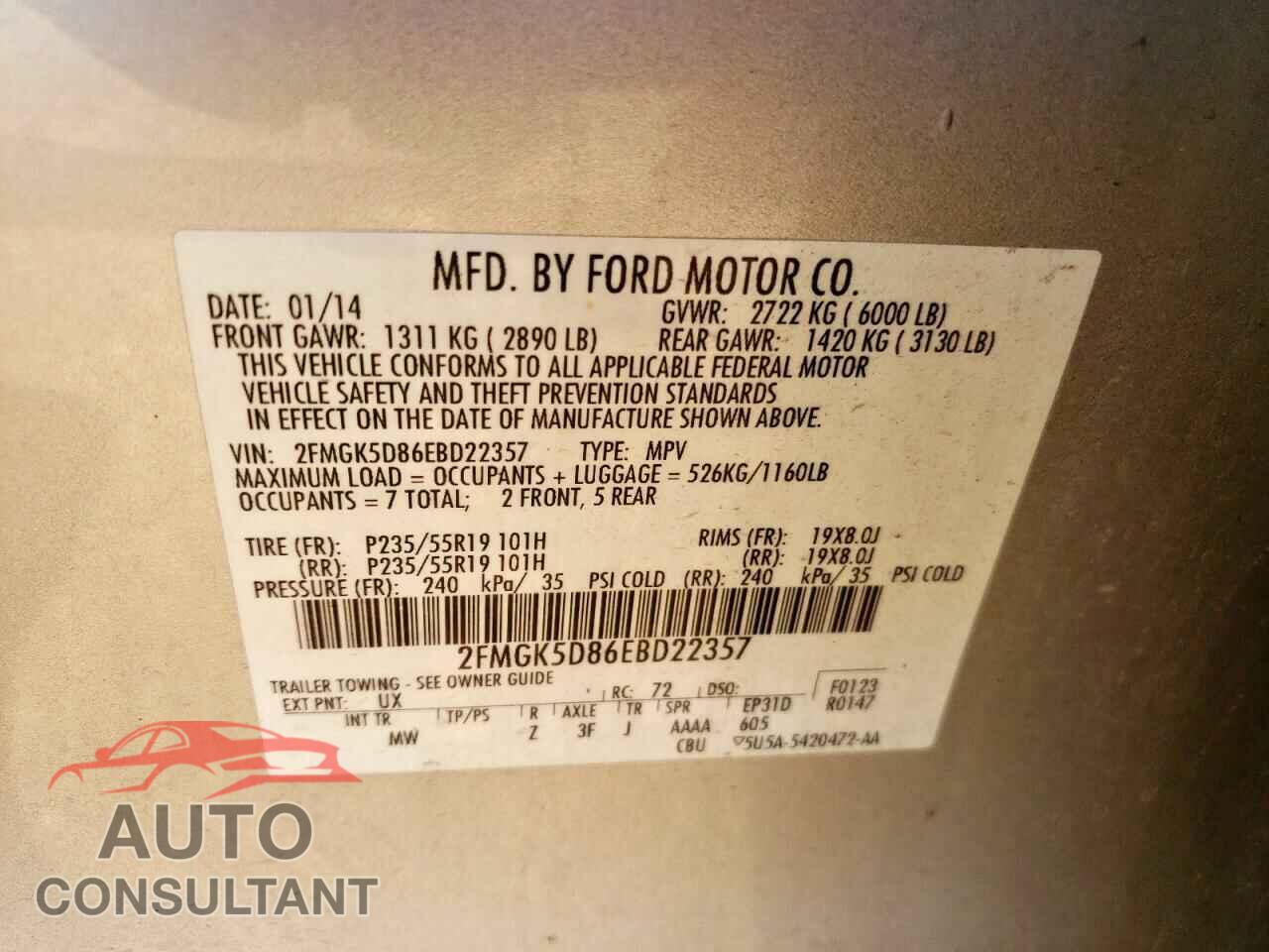 FORD FLEX 2014 - 2FMGK5D86EBD22357