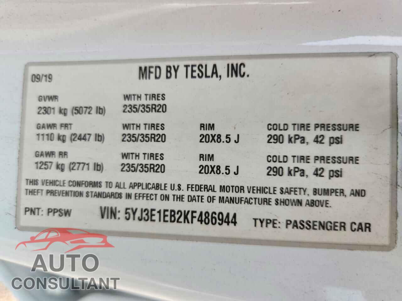 TESLA MODEL 3 2019 - 5YJ3E1EB2KF486944