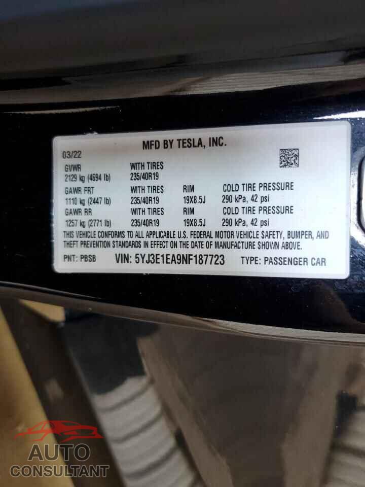 TESLA MODEL 3 2022 - 5YJ3E1EA9NF187723