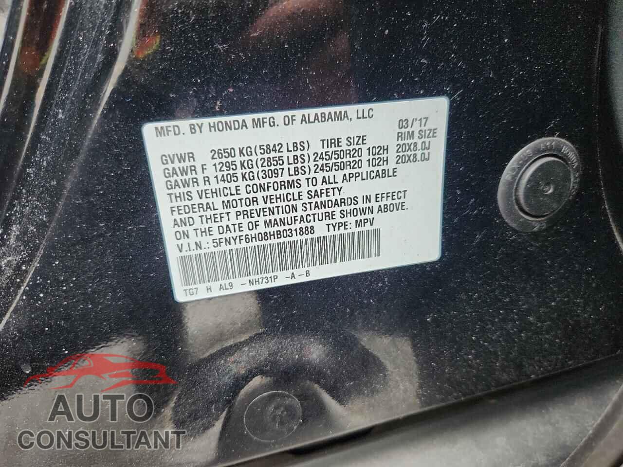 HONDA PILOT 2017 - 5FNYF6H08HB031888