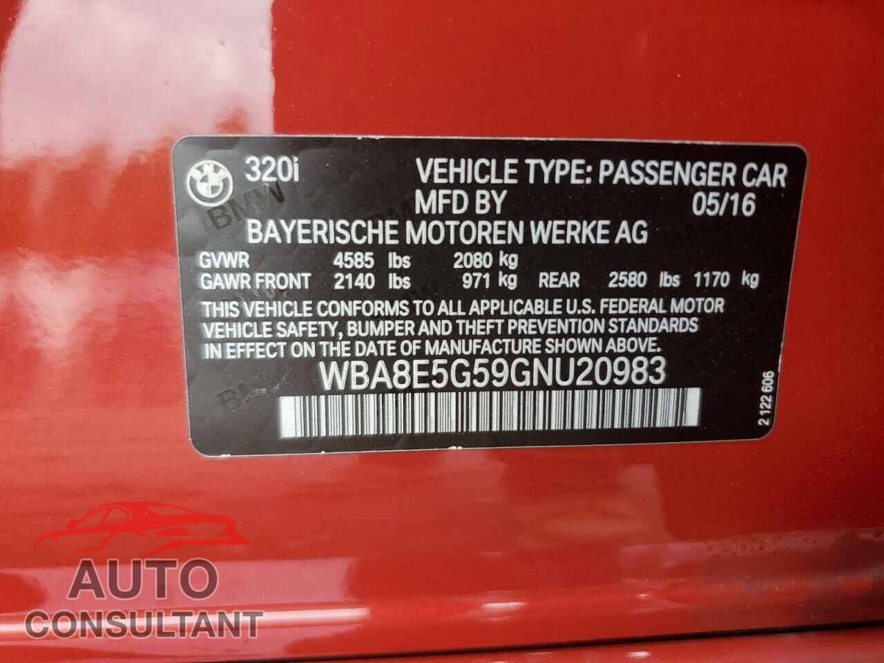 BMW 3 SERIES 2016 - WBA8E5G59GNU20983