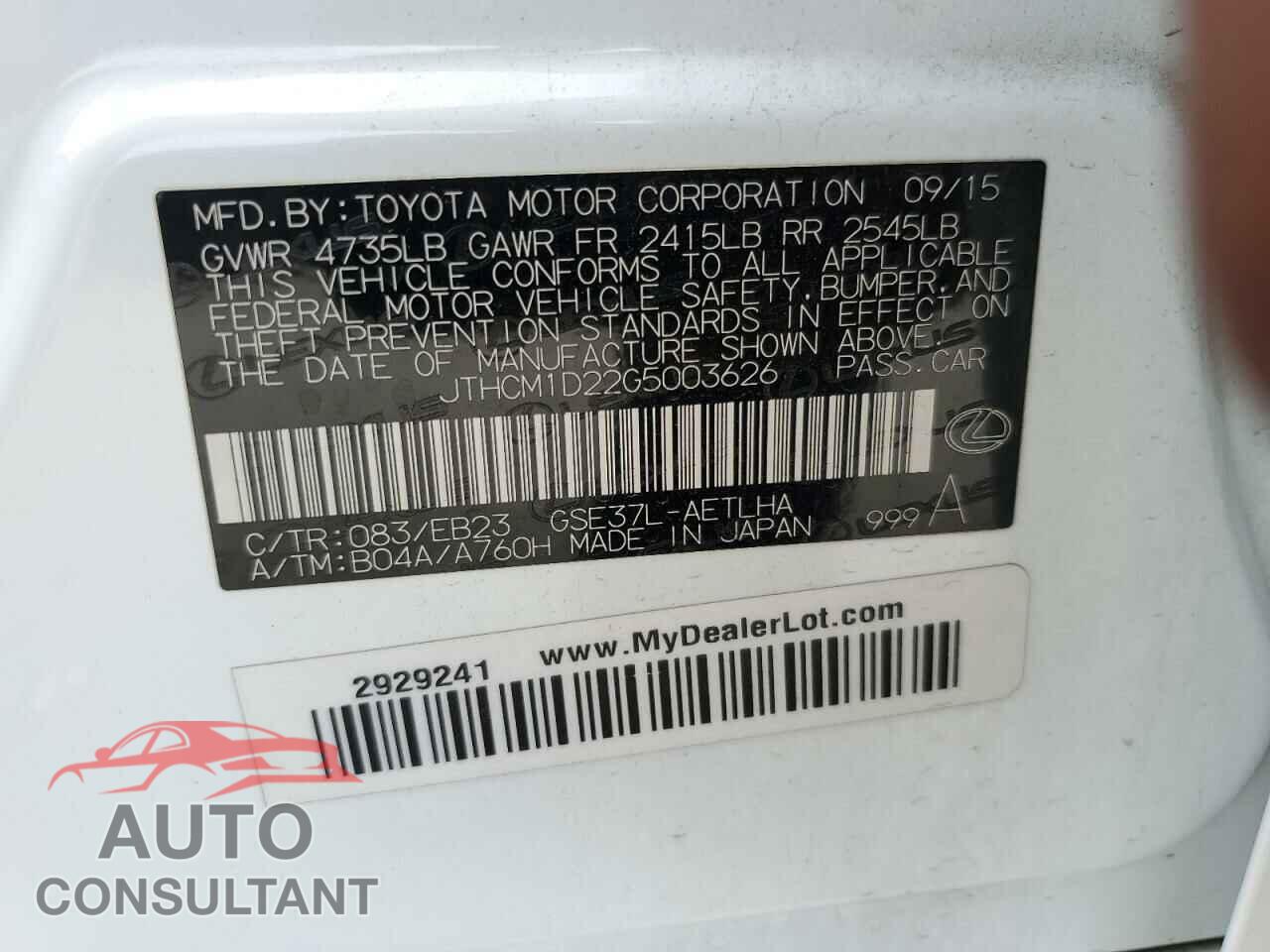 LEXUS IS 2016 - JTHCM1D22G5003626