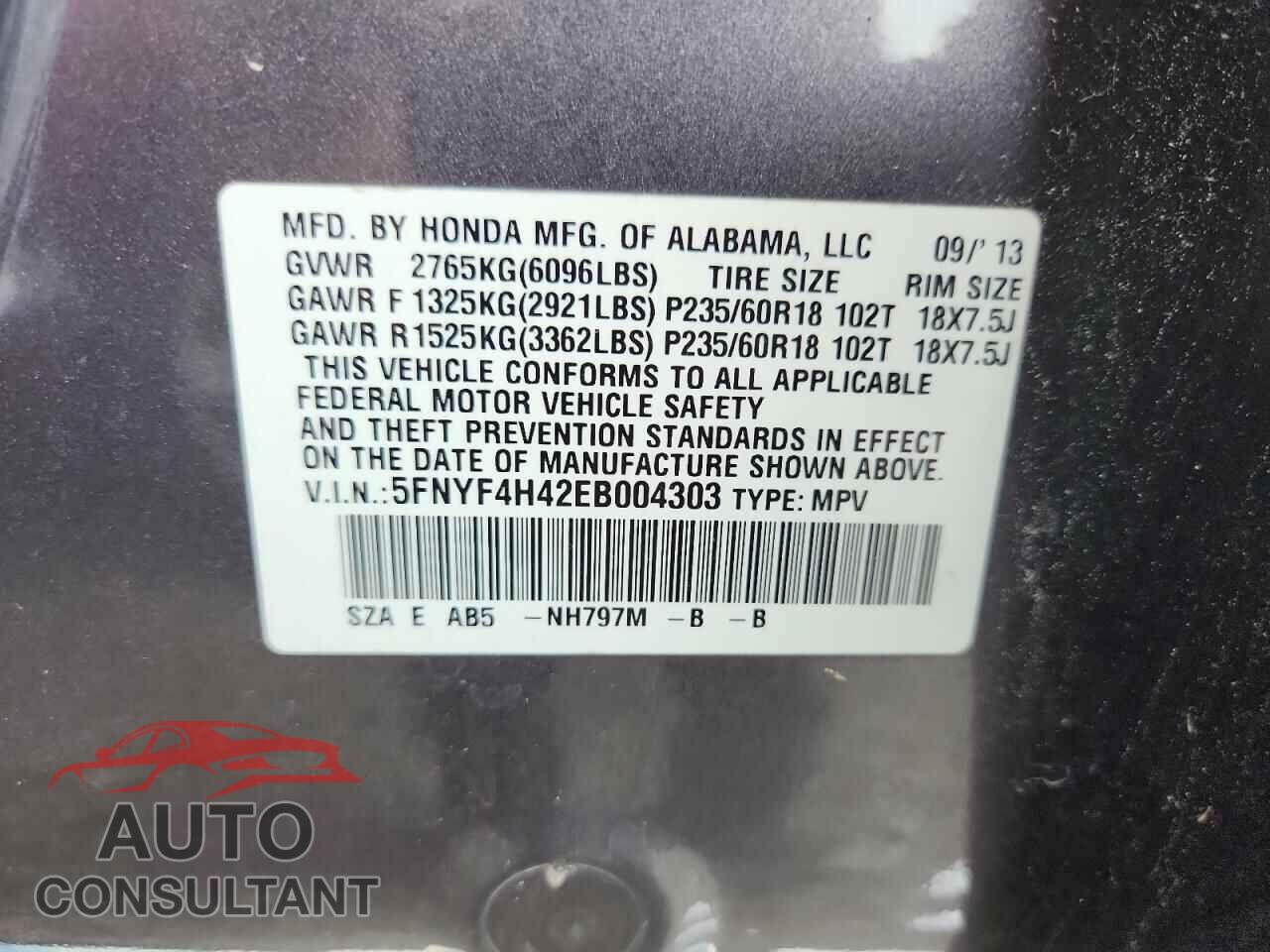 HONDA PILOT 2014 - 5FNYF4H42EB004303