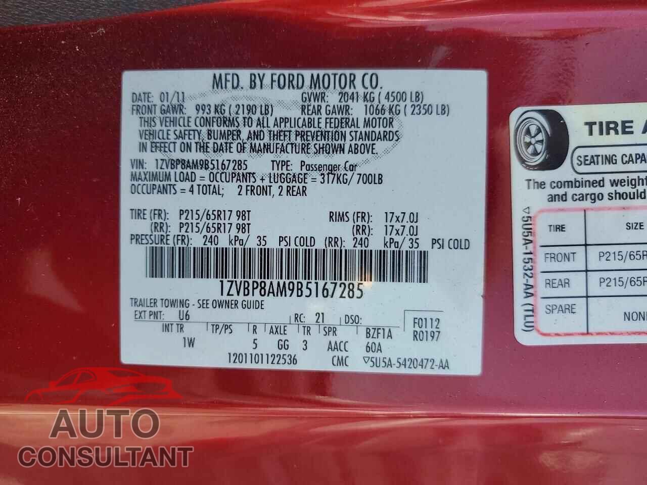 FORD MUSTANG 2011 - 1ZVBP8AM9B5167285