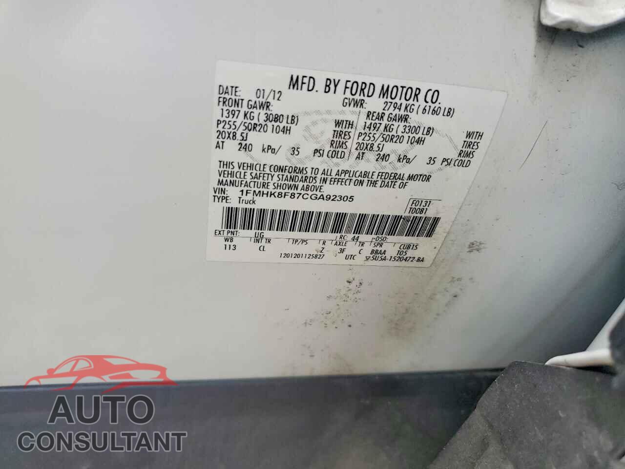 FORD EXPLORER 2012 - 1FMHK8F87CGA92305