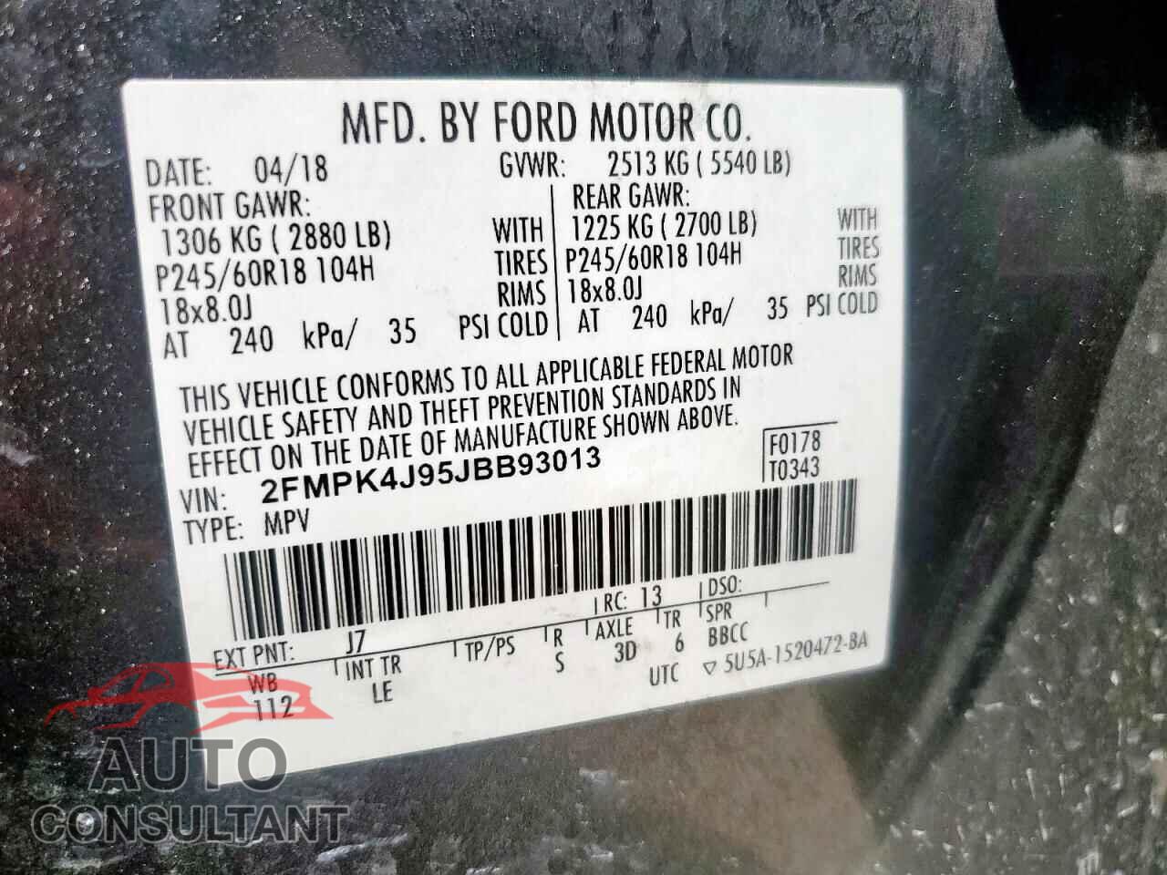 FORD EDGE 2018 - 2FMPK4J95JBB93013