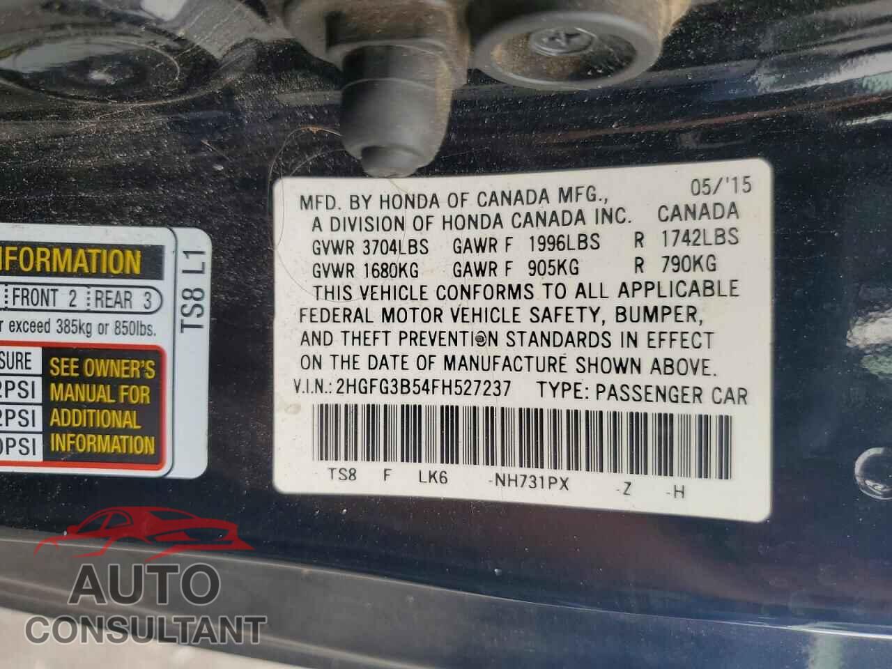 HONDA CIVIC 2015 - 2HGFG3B54FH527237