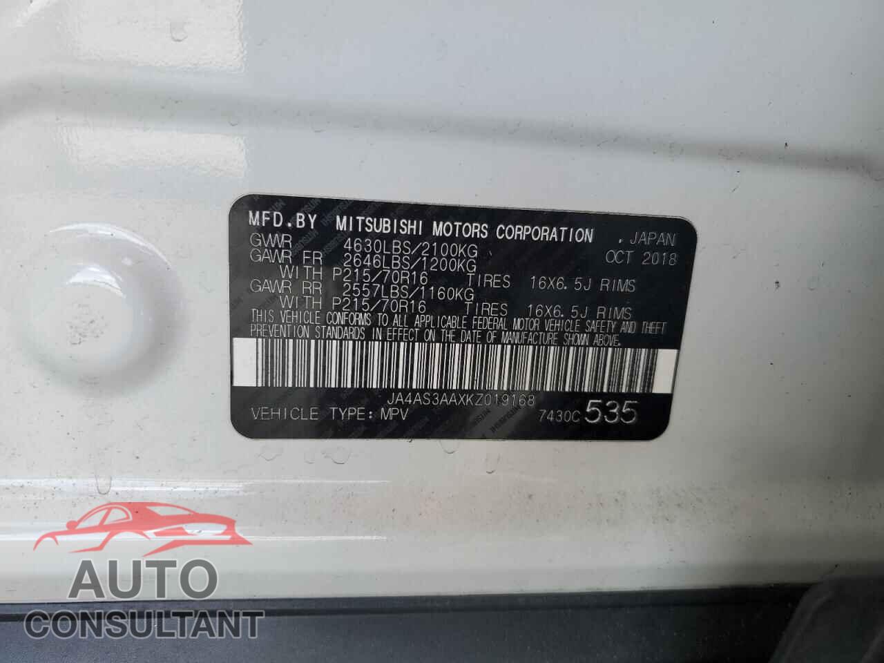 MITSUBISHI ECLIPSE 2019 - JA4AS3AAXKZ019168
