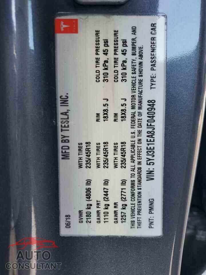 TESLA MODEL 3 2018 - 5YJ3E1EA8JF040948