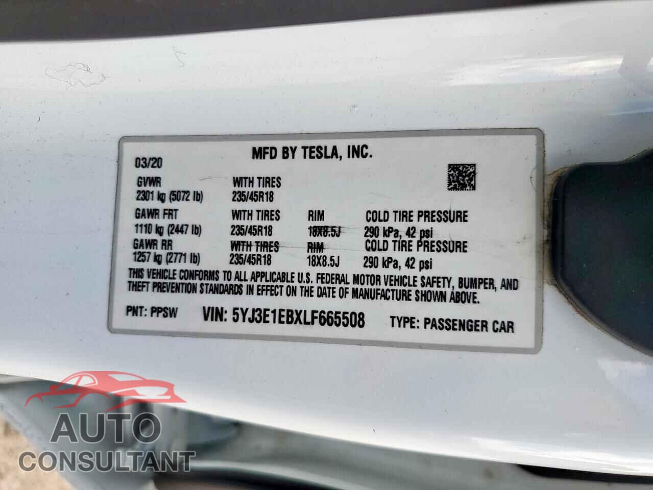 TESLA MODEL 3 2020 - 5YJ3E1EBXLF665508