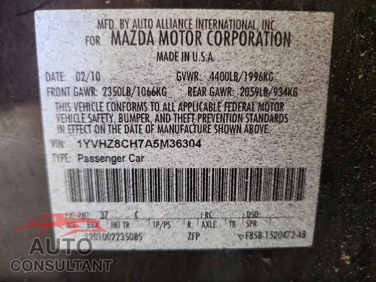MAZDA 6 2010 - 1YVHZ8CH7A5M36304
