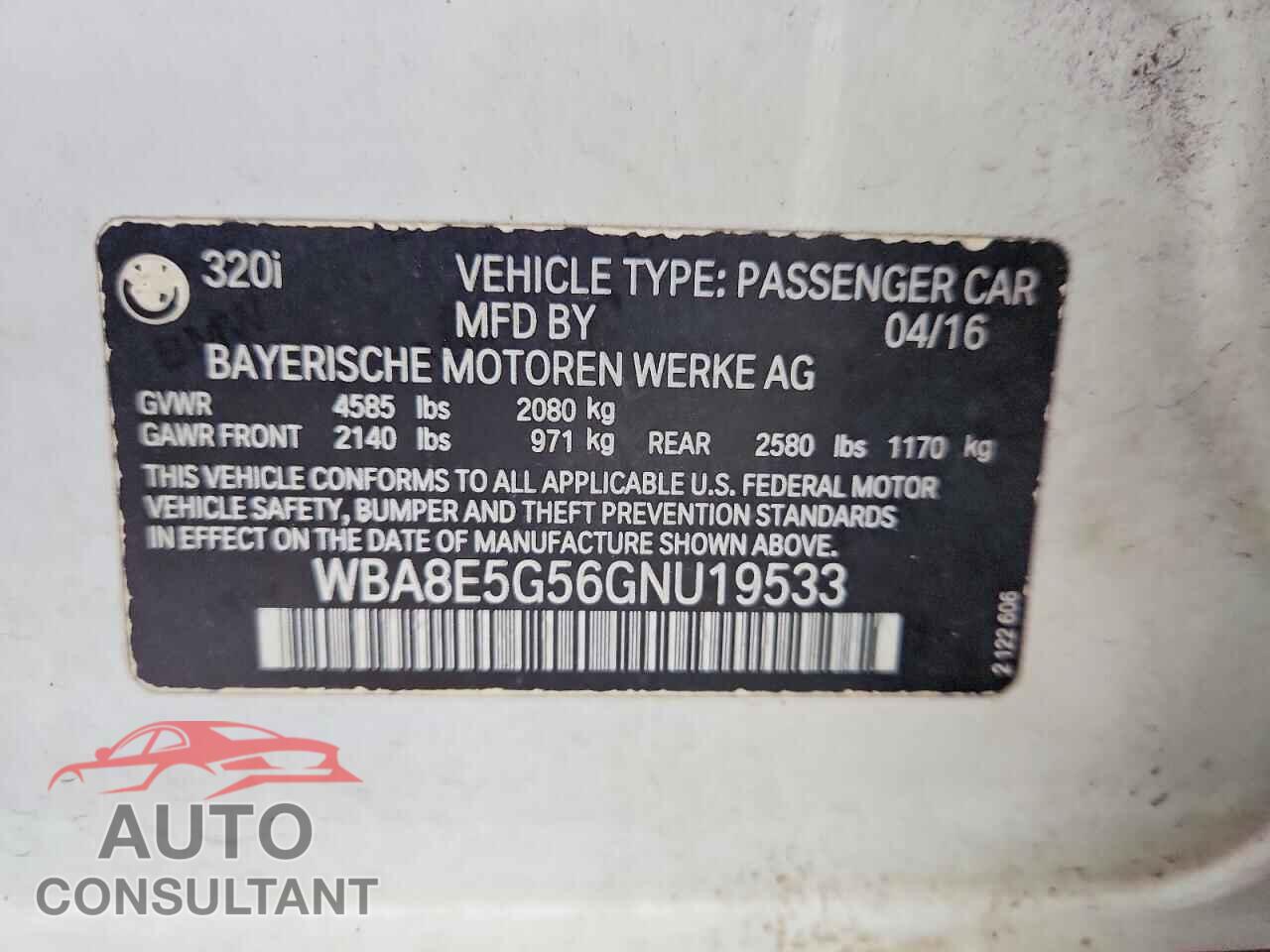 BMW 3 SERIES 2016 - WBA8E5G56GNU19533