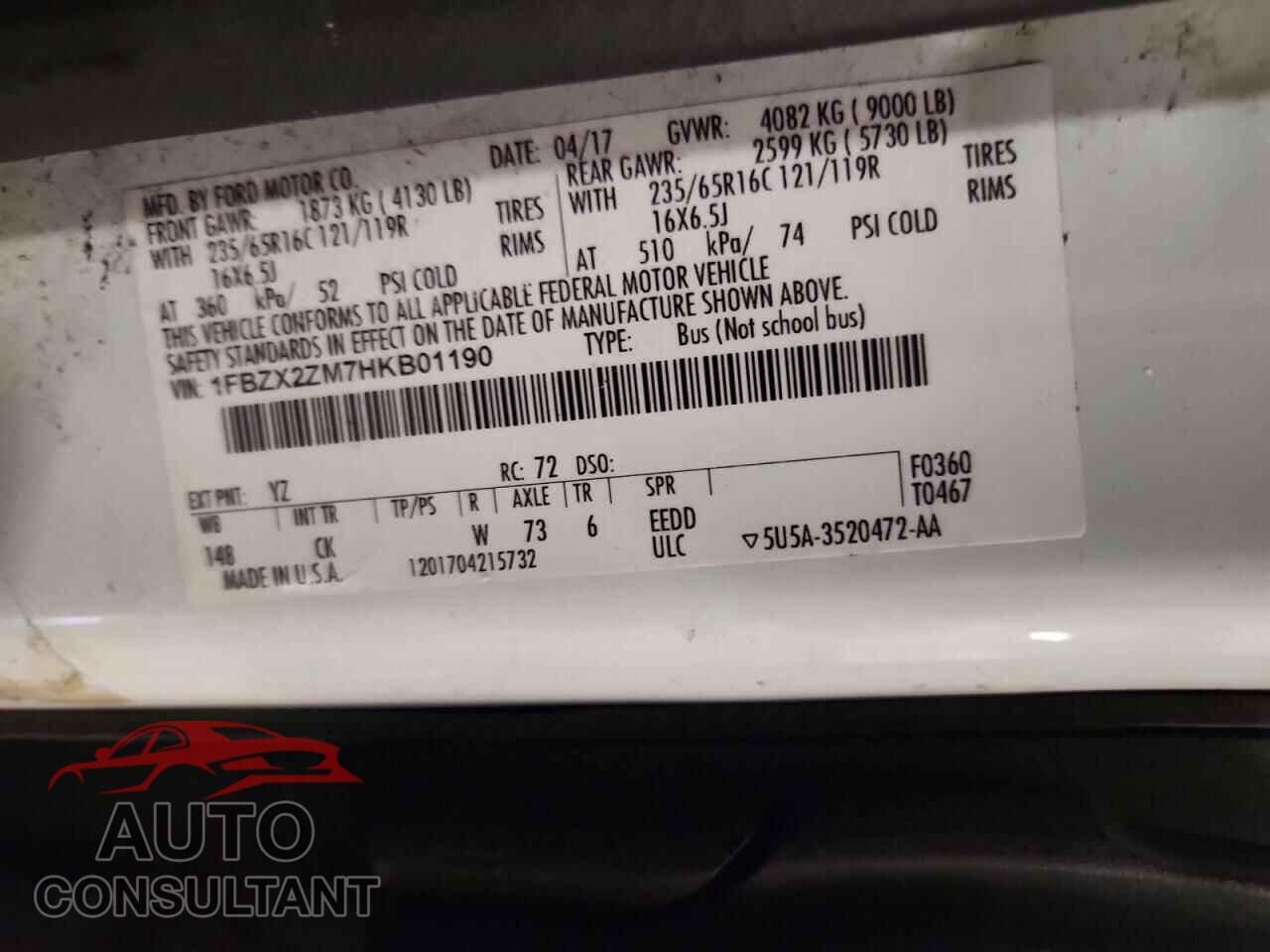 FORD TRANSIT 2017 - 1FBZX2ZM7HKB01190