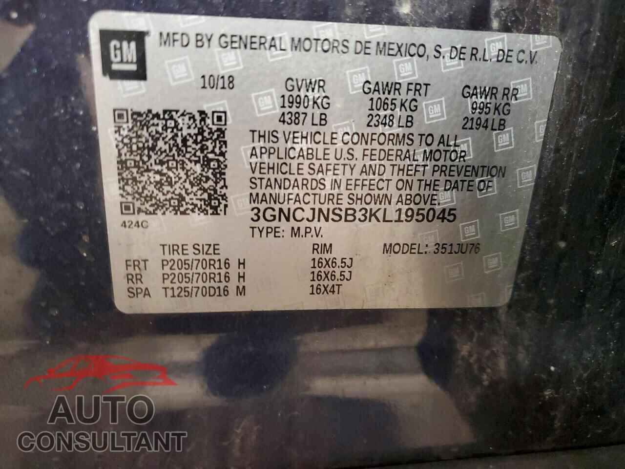 CHEVROLET TRAX 2019 - 3GNCJNSB3KL195045
