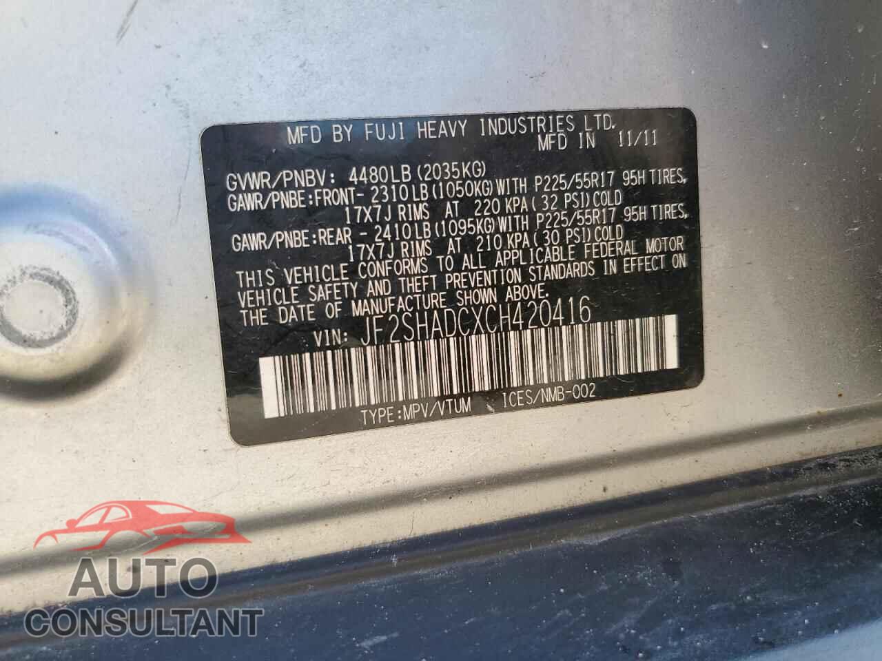 SUBARU FORESTER 2012 - JF2SHADCXCH420416