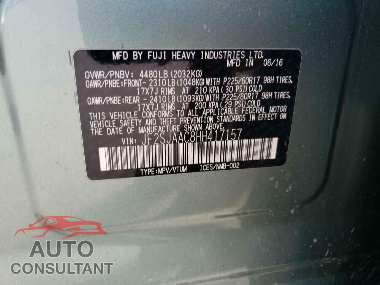SUBARU FORESTER 2017 - JF2SJAAC8HH417157