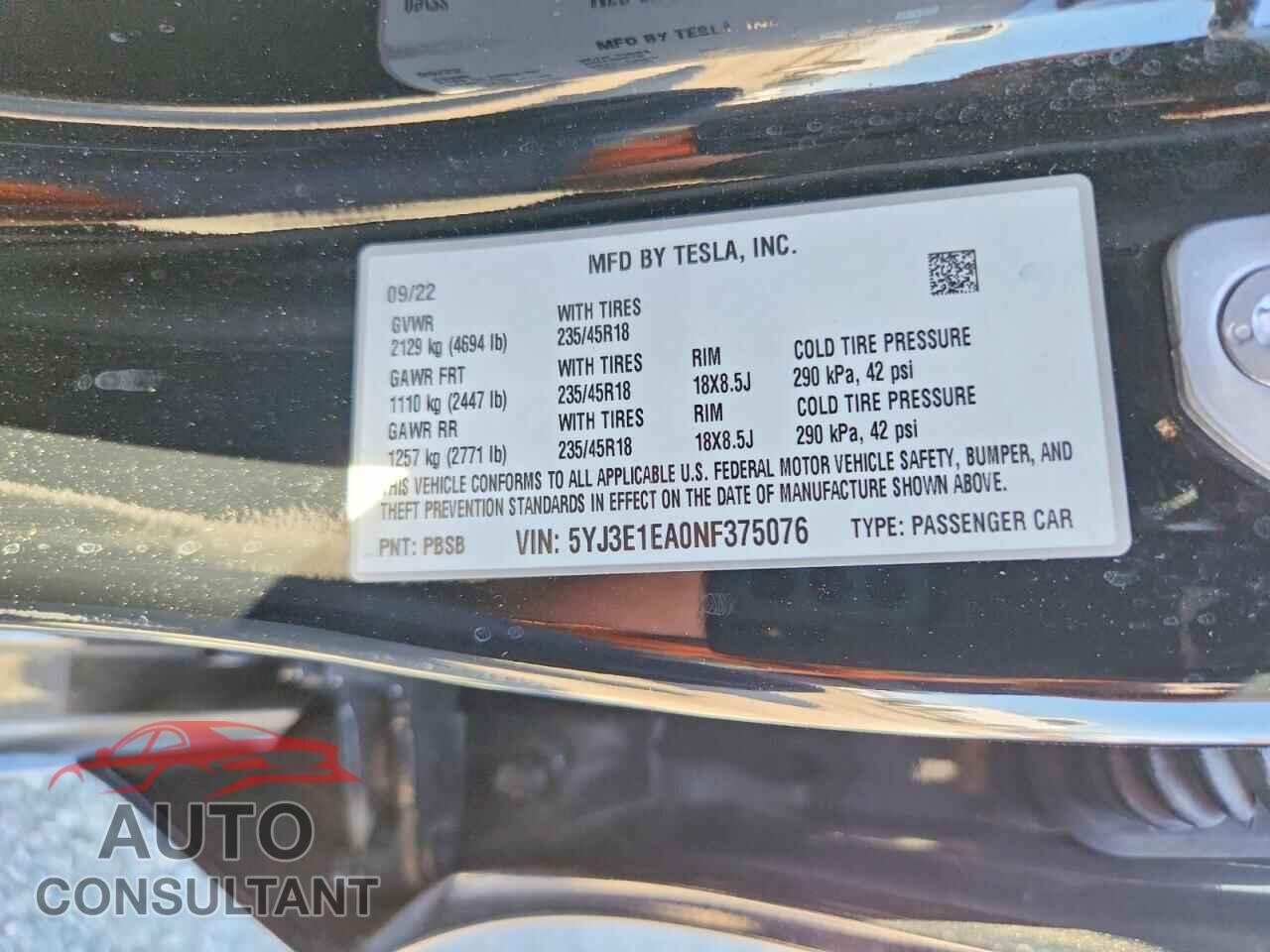 TESLA MODEL 3 2022 - 5YJ3E1EA0NF375076