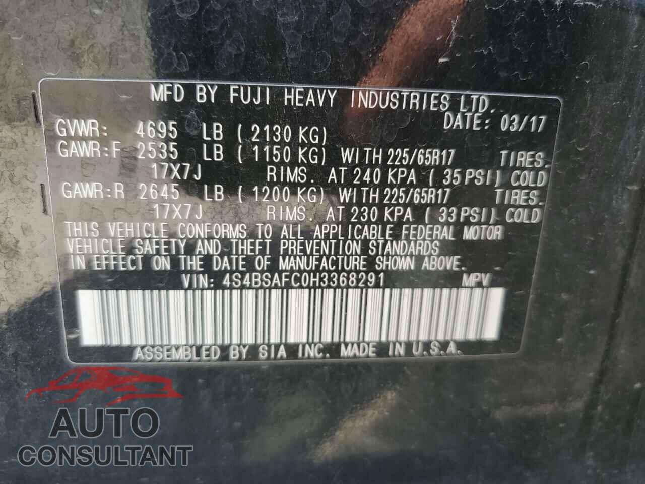 SUBARU OUTBACK 2017 - 4S4BSAFC0H3368291