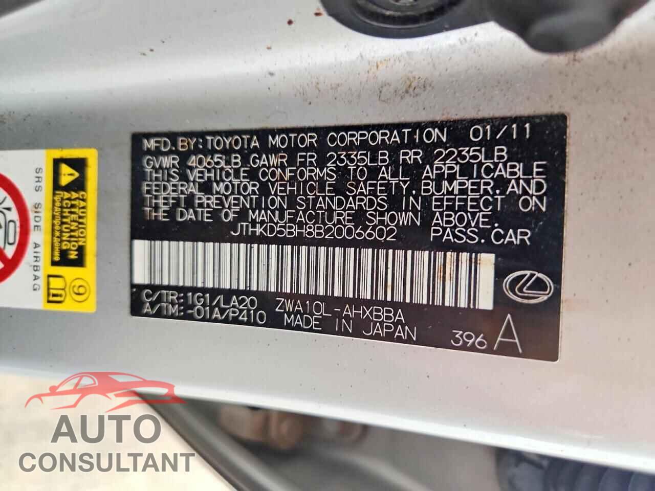 LEXUS CT 200 2011 - JTHKD5BH8B2006602