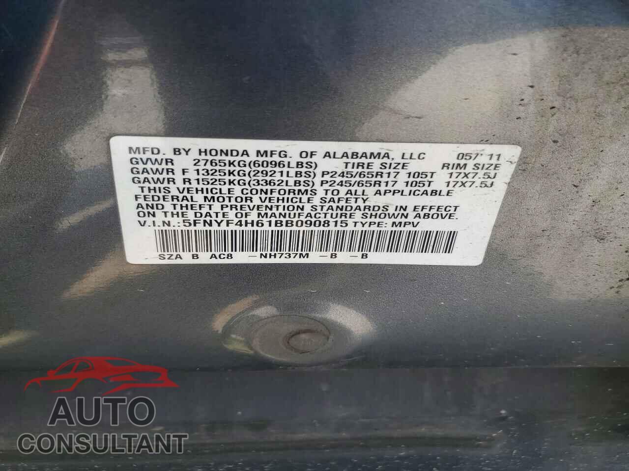 HONDA PILOT 2011 - 5FNYF4H61BB090815