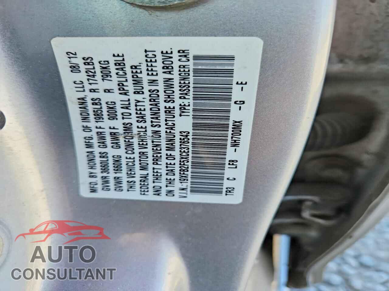 HONDA CIVIC 2012 - 19XFB2F5XCE376543