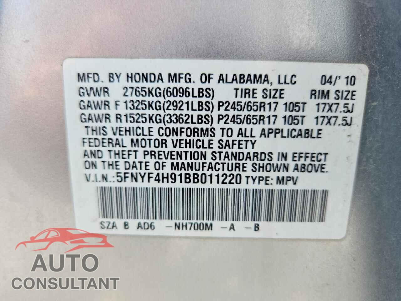 HONDA PILOT 2011 - 5FNYF4H91BB011220