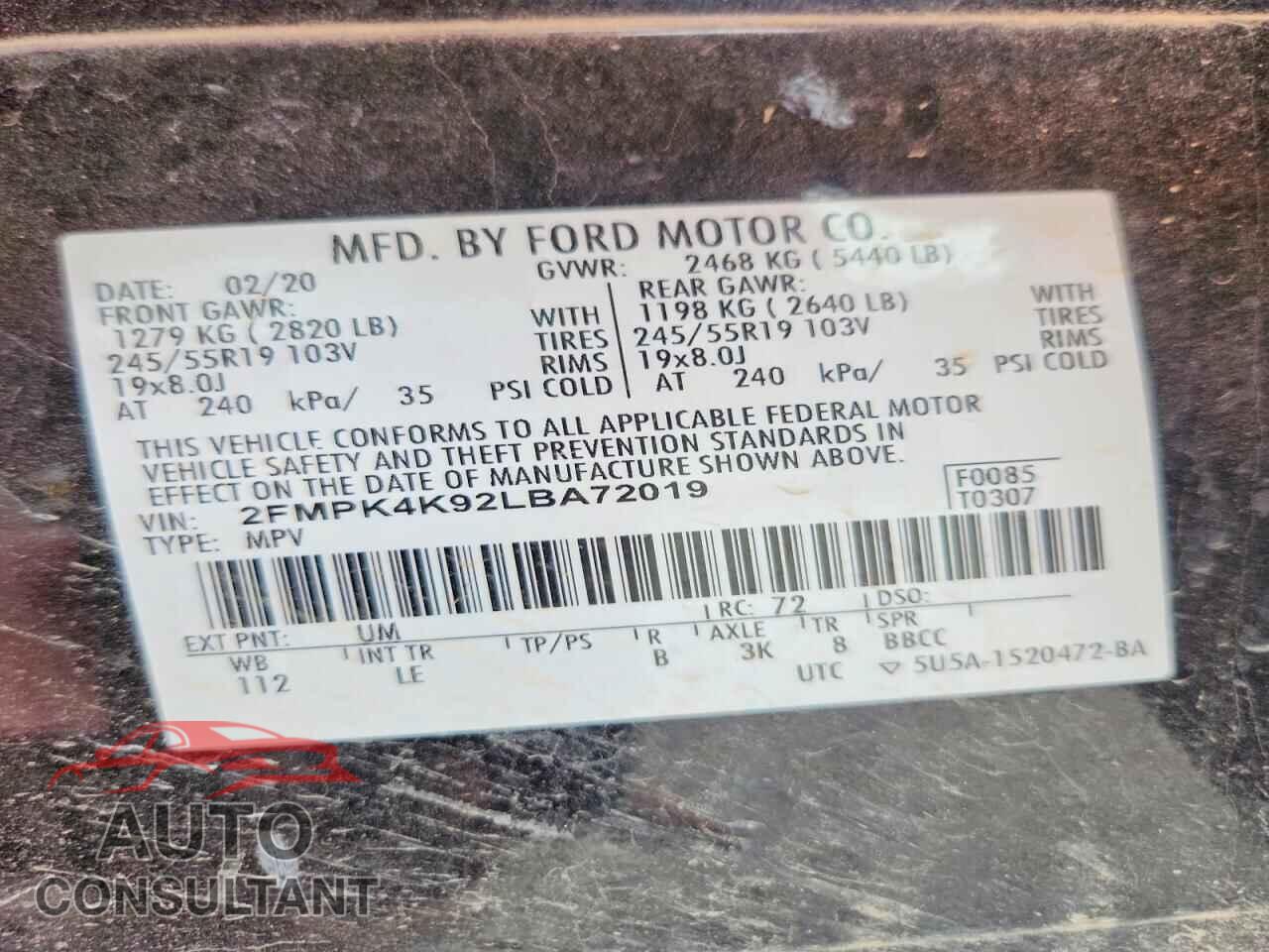 FORD EDGE 2020 - 2FMPK4K92LBA72019