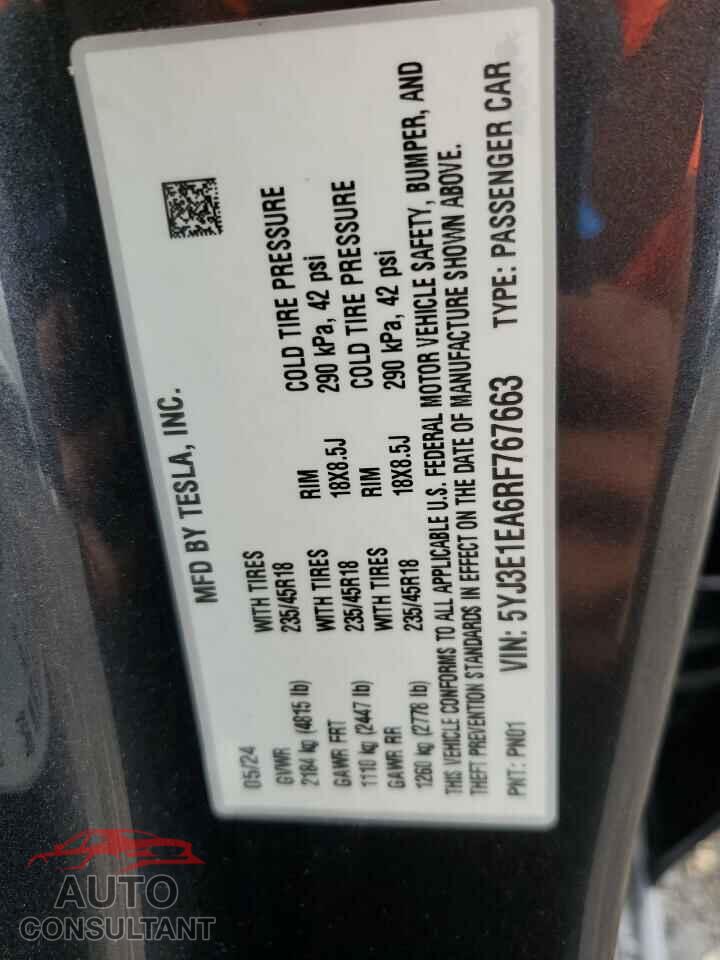 TESLA MODEL 3 2024 - 5YJ3E1EA6RF767663