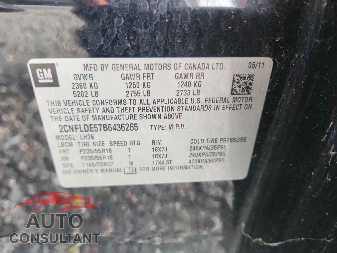 CHEVROLET EQUINOX 2011 - 2CNFLDE57B6436265